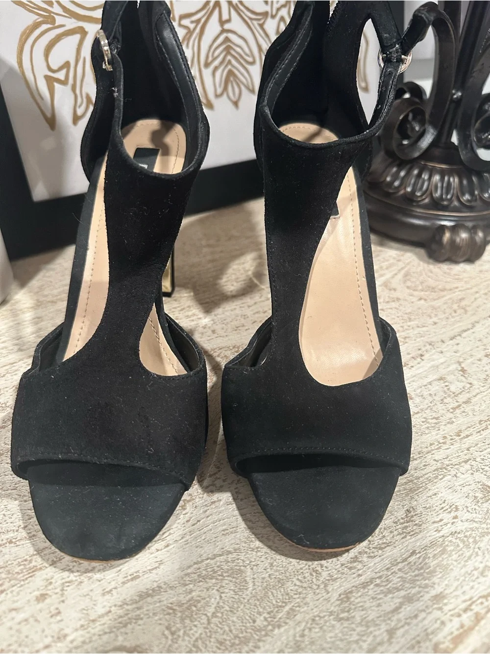 DKNY Black Suede Strappy Heels with Gold Block Heel